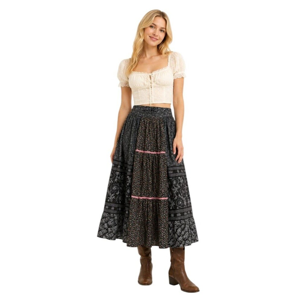 Vintage 70s Prairie Tiered Floral Midi Skirt Women's Cottagecore Boho Est. Small